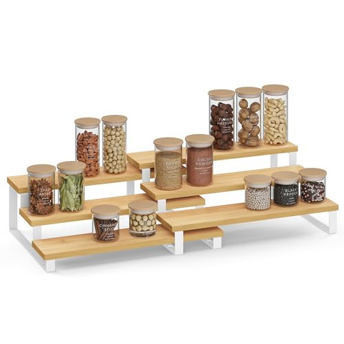 SONGMICS Spice Rack, Set of 2 Cabinet Shelf Organisers, 3-Tier Extendable Spice Holder, Engineered Wood, Stackable, for Pantry, Cupboard, Countertop, Natural Beige and Cloud White KCS016N02 | Amazon (UK)
