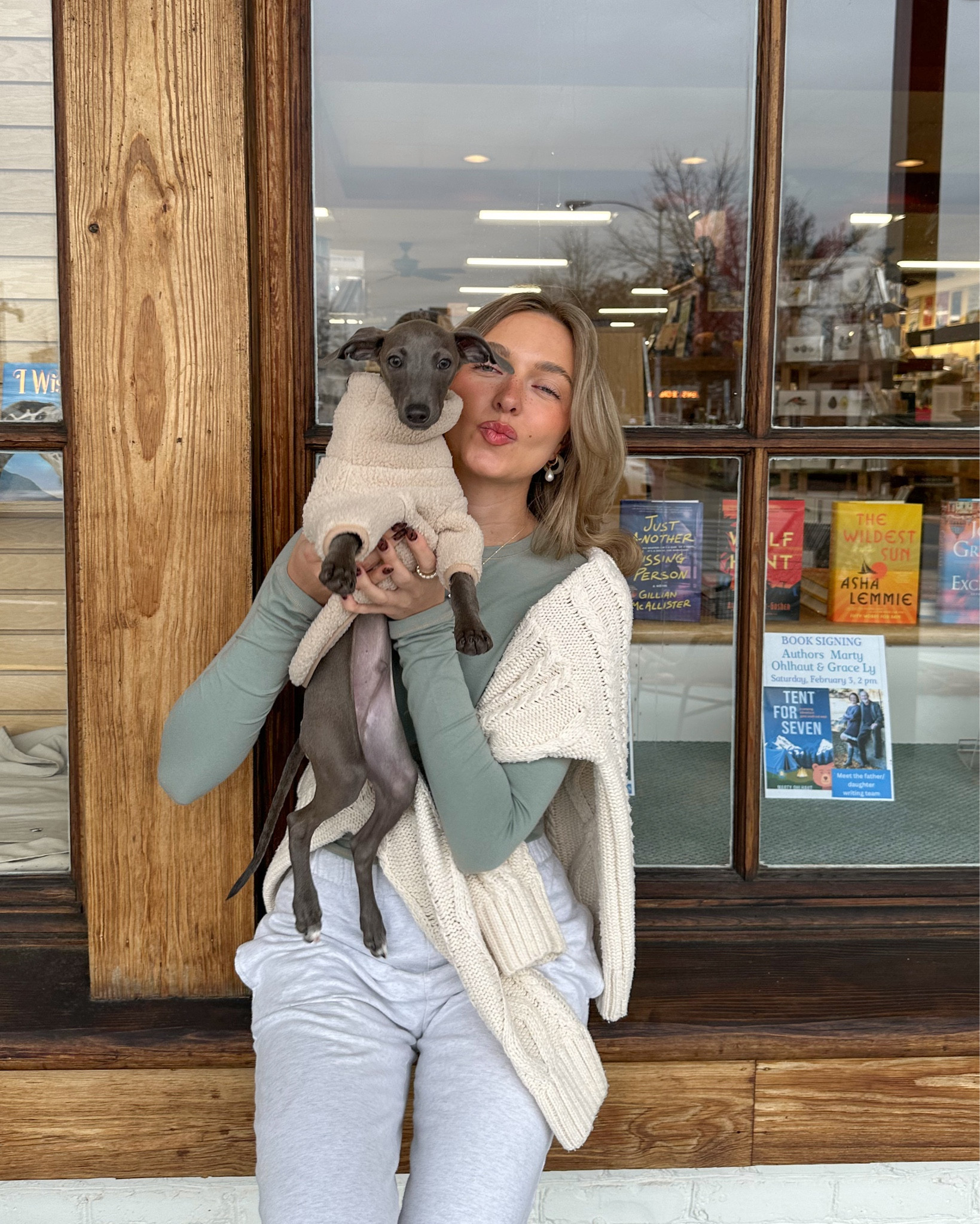comfy winter outfit with mr ralph 🤍☕️🐶 in love with this skims collection, this shirt is an absolute fave it’s so comfortable. pants are from brandy melville. and ralph’s sweater is from Little Beast 🫶🏻🥹 

#LTKSeasonal #LTKMostLoved #LTKGiftGuide