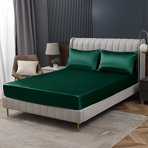 Homiest Blackish Green Satin Fitted Twin Size Bed Sheet, Deep Pocket, Luxury & Ultra Soft Bedding | Amazon (US)