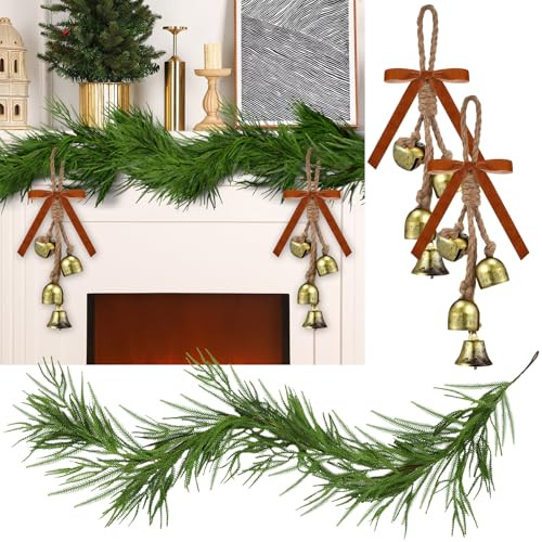 Yuxung 1 Pcs Christmas Norfolk Pine Garland Real Touch Pine Garland Artificial Greenery Garland with 2 Set Cow Bells on Rope for Mantle Table Christmas Holiday Winter Home Decor (60inch | Amazon (US)
