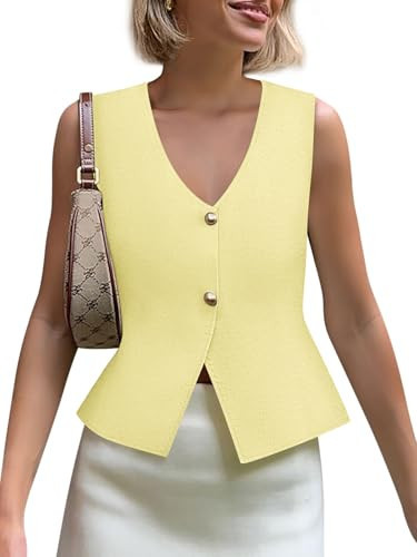 Vest for Women Trendy 2025 Summer V Neck Button Up Knit Tops Cropped Sleeveless Cardigan Sweaters Yellow | Amazon (US)