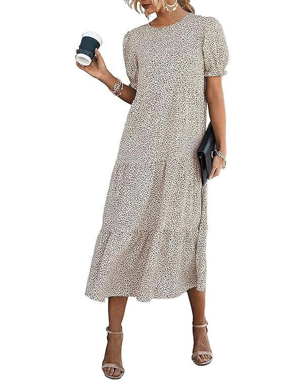 PRETTYGARDEN Women's Summer Casual Boho Dress Floral Print Ruffle Puff Sleeve High Waist Midi Bea... | Amazon (US)