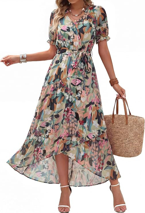 Simplee Womens Summer Chiffon Floral Wedding Guest Dress Wrap Ruffle Boho Flowy Belted Puff Sleev... | Amazon (US)