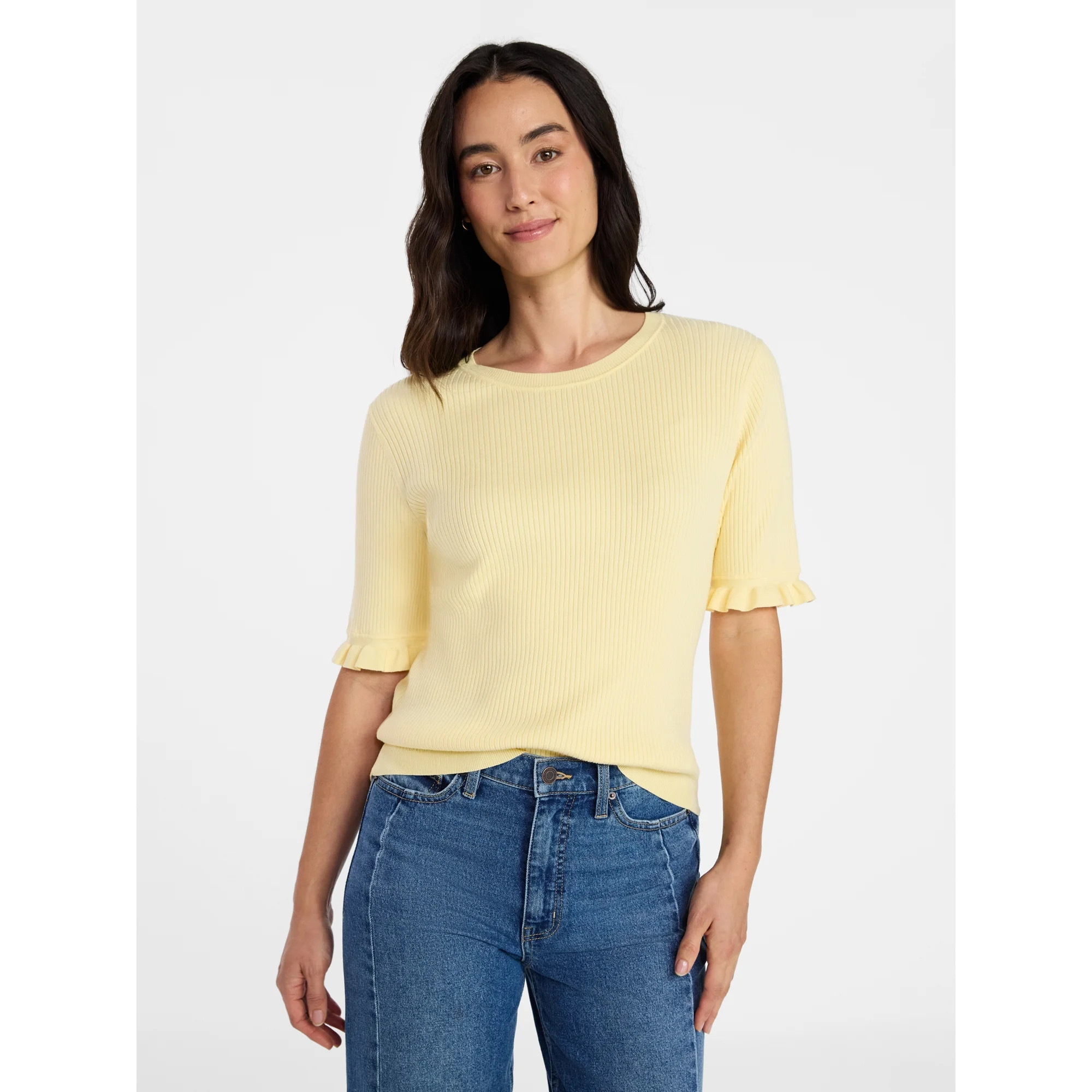 Time and Tru Women's Ribbed Sweater with Flounce Sleeves, Midweight, Sizes XS-XXXL | Walmart (US)