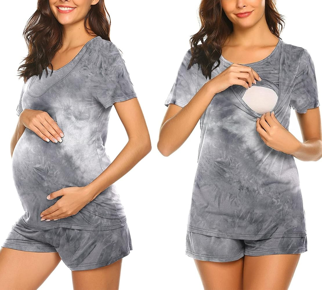 Ekouaer Maternity Nursing Pajamas Set Short Sleeve Breastfeeding Sleepwear Double Layer Postpartu... | Amazon (US)