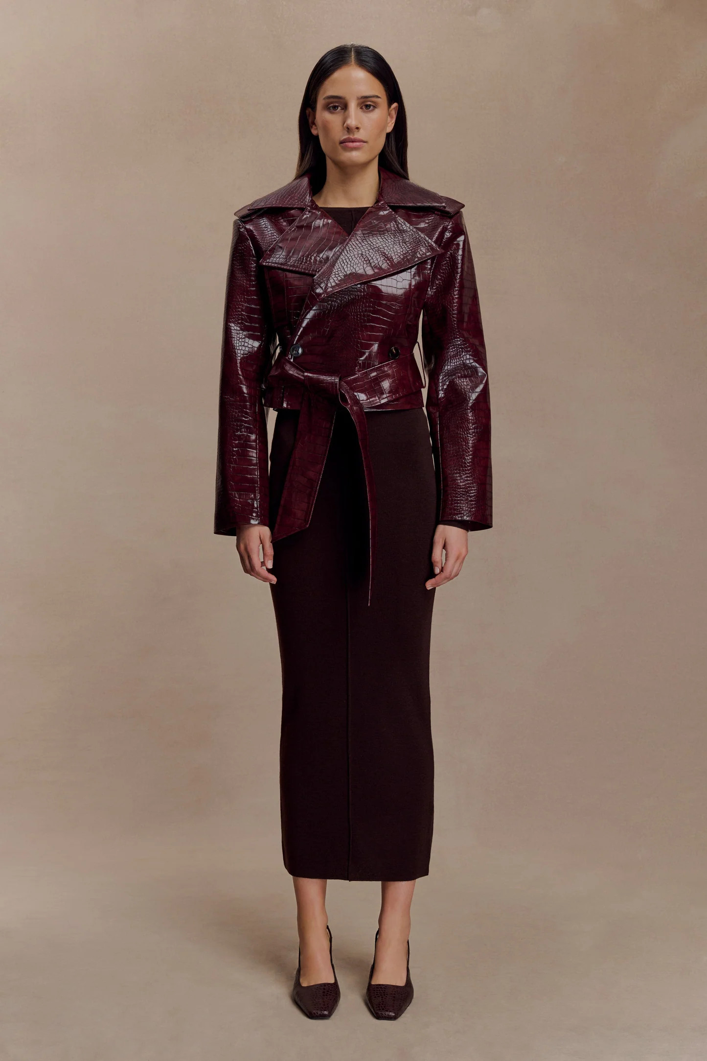 Archie Croc Faux Leather Cropped Jacket - Burgundy | Meshki (APAC)