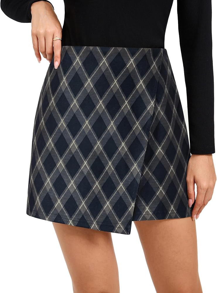 Belle Poque Women Plaid Mini Skirt with Shorts High Waisted A-Line Skirts | Amazon (US)