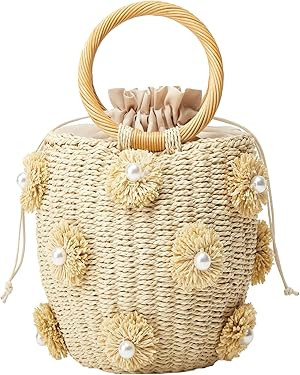 Summer Straw Bag for Women Pearl Flower Bucket Tote Bag Diamond Handbag Hand Woven Rattan Shell P... | Amazon (US)