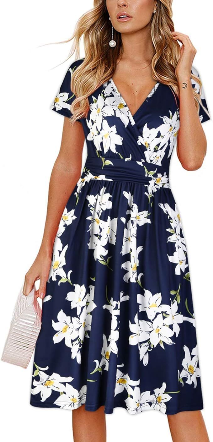 OUGES Women's Summer Short Sleeve V-Neck Floral Short Party Dress with Pockets | Amazon (US)