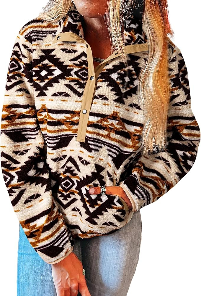 SELINK Womens Western Aztec Sweatshirt Half Placket Plush Casual Ethnic Tribal Fleece Long Sleeve... | Amazon (US)