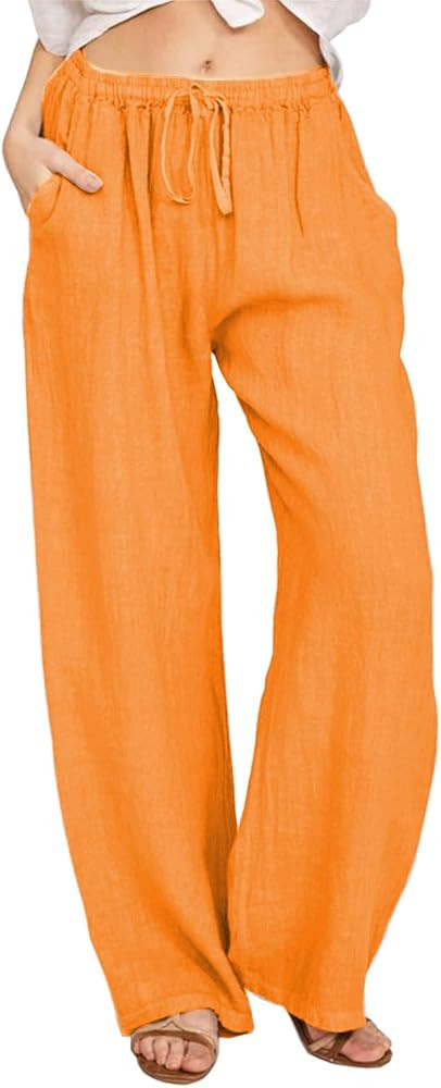 YOCUR Women Wide Leg Flowy Drawstring Palazzo Linen Pants Beach Casual Elastic High Waisted Loose... | Amazon (US)