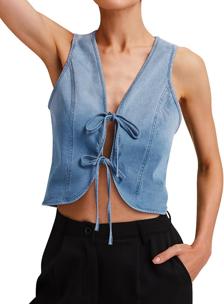 Womens Denim Vest Crop Sleeveless V Neck Denim Top Retro Tie Up Front Jean Vest | Amazon (US)