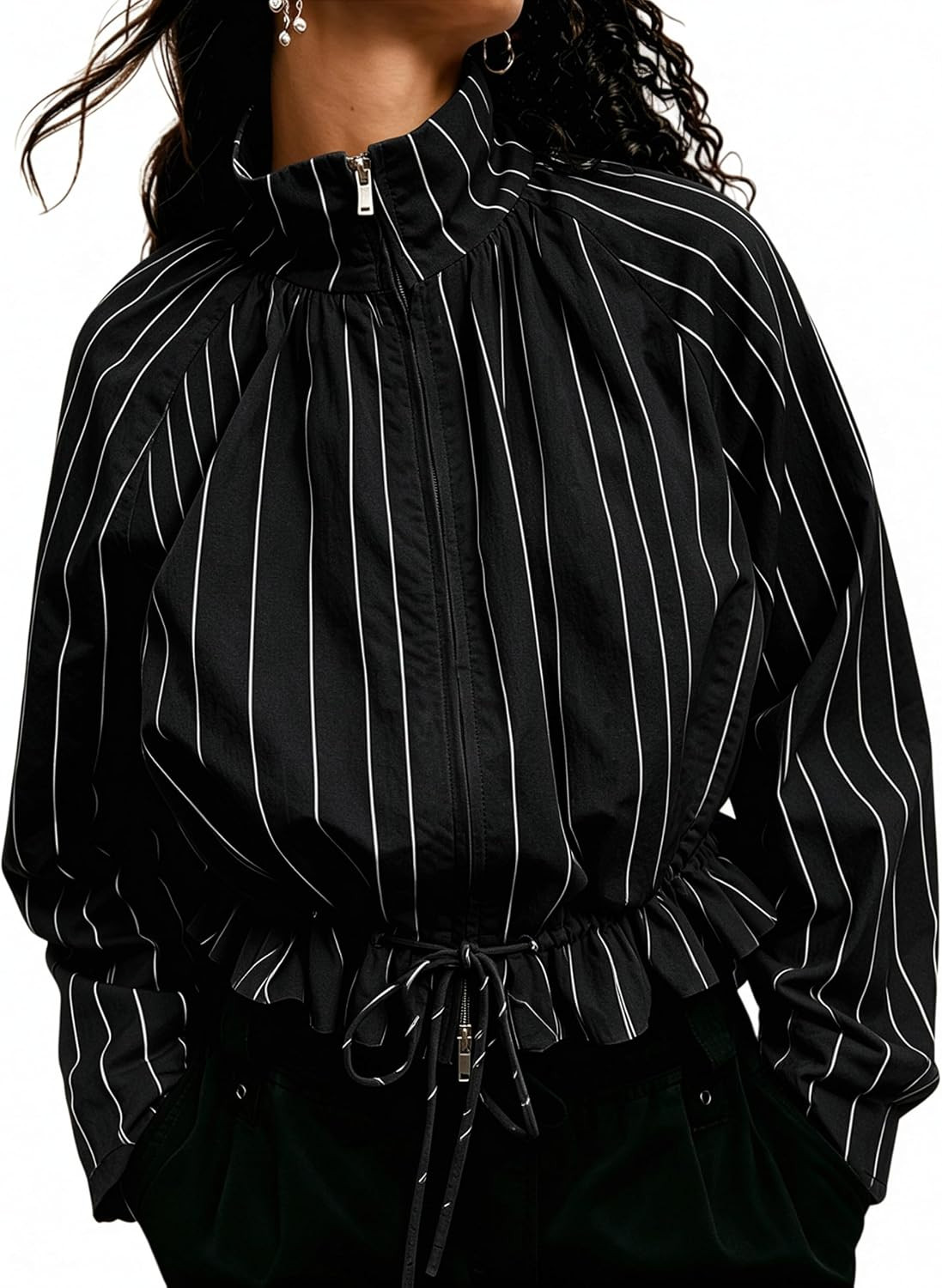 Women Striped Bomber Jacket Casual Funnel Neck Coat | Amazon (US)