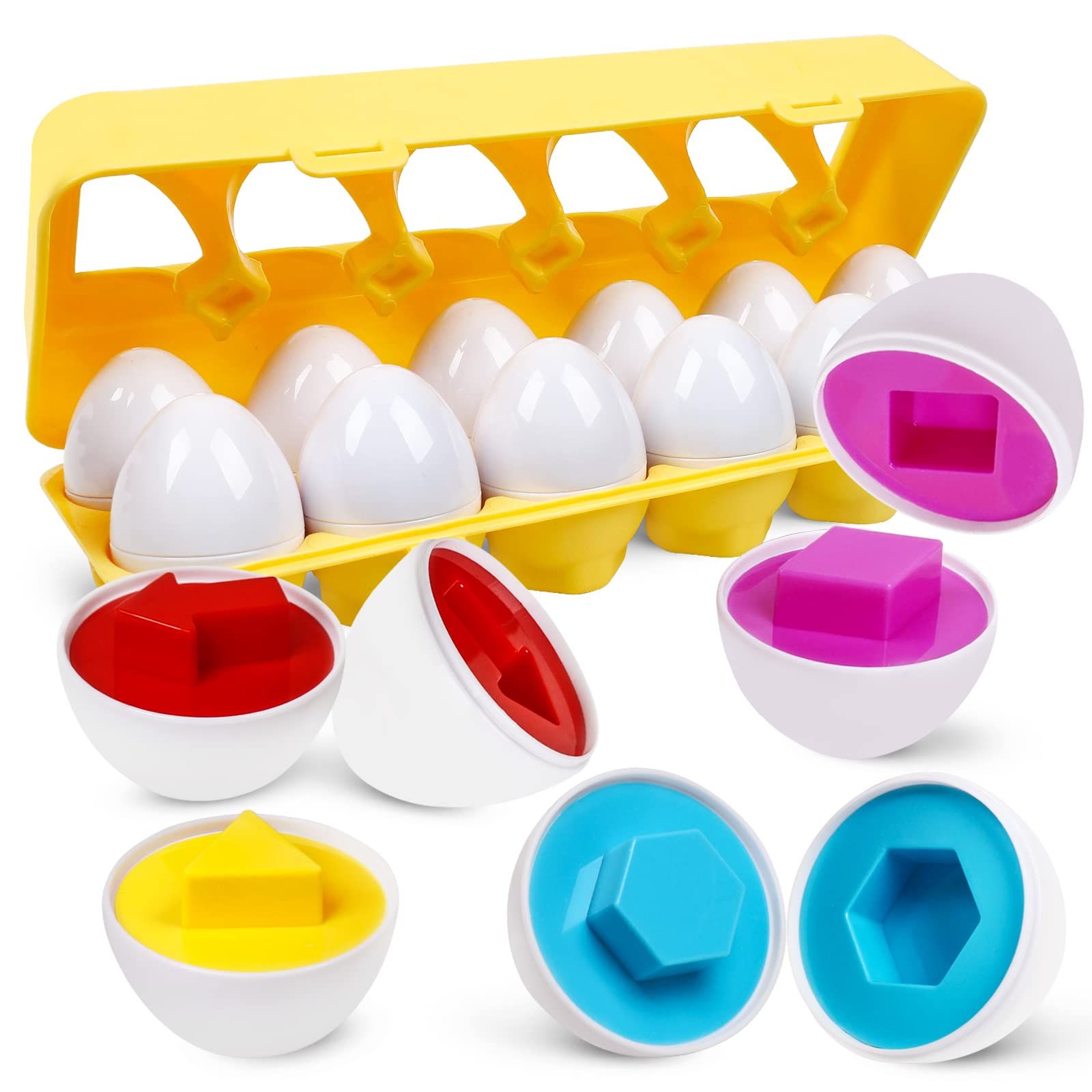 Easter Matching Eggs for Toddlers, 12 pcs Set Color & Shape Egg Puzzle Toys, Montessori Geometric Eggs,Educational Preschool Game Fine Motor Skill Gifts for1 2 3 Years Old Kids Boys Girls | Amazon (US)