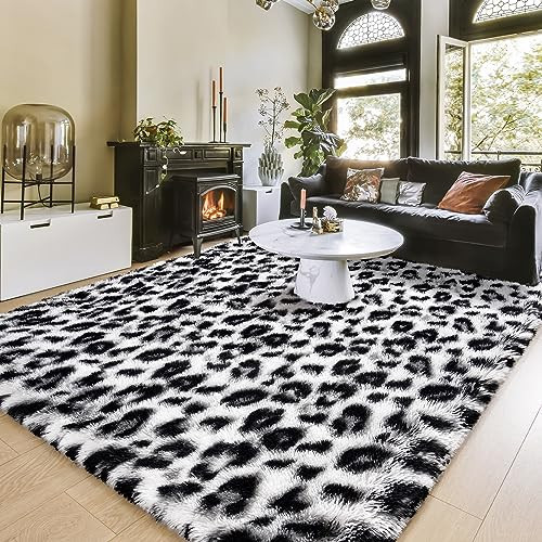 Amearea Fluffy Leopard Print Rug, Modern Shag Cheetah Rugs Home Decor for Teen Girls, Soft Comfy Faux Fur Animal Rug for Bedroom, Living Room, Plush Cheetah Print 70s Decor, White and Black 3x5 Feet | Amazon (US)
