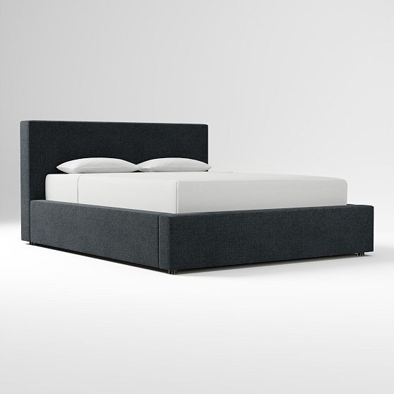 Harmony Upholstered Bed, Non Tufted, Standard Headboard, Performance Distressed Velvet, Charcoal Black, No Show, Twin | West Elm (US)