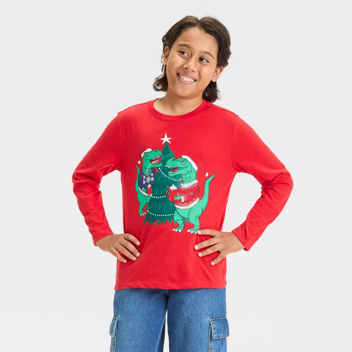 Boys' Long Sleeve Christmas Dino Graphic T-Shirt - Cat & Jack™ Red M | Target