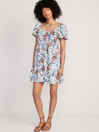 Flutter-Sleeve Linen-Blend Halter Keyhole Mini Swing Dress for Women | Old Navy (US)