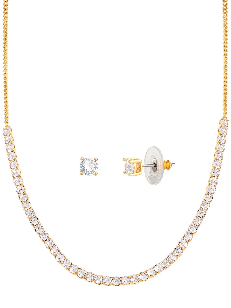 Believe by Brilliance Women's 14KT Gold Flash Plated Brass Cubic Zirconia Tennis Necklace and Ear... | Walmart (US)