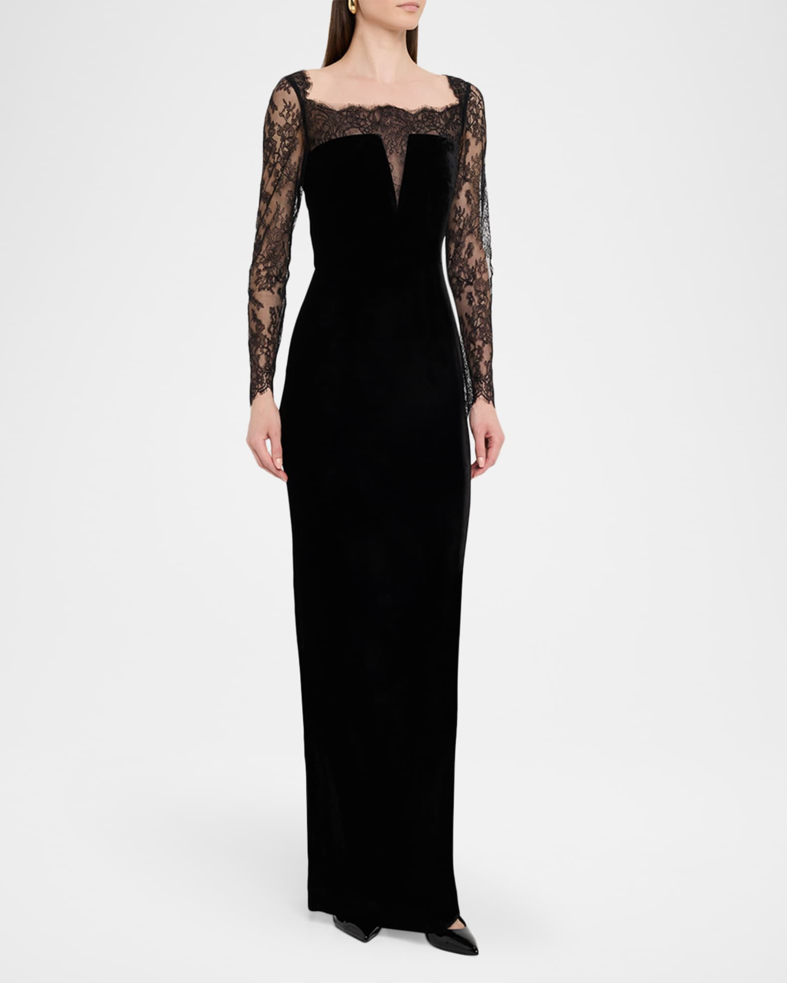 Roland Mouret Lace Long-Sleeve Velvet Column Gown | Neiman Marcus