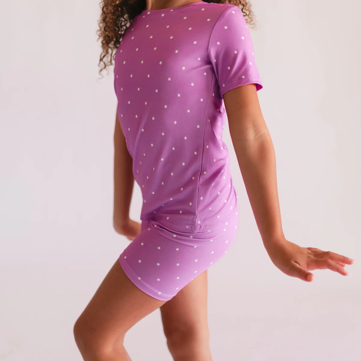 Youth Pajama short sleeve and shorts in Neon Purple Polka Dots | Silks Design