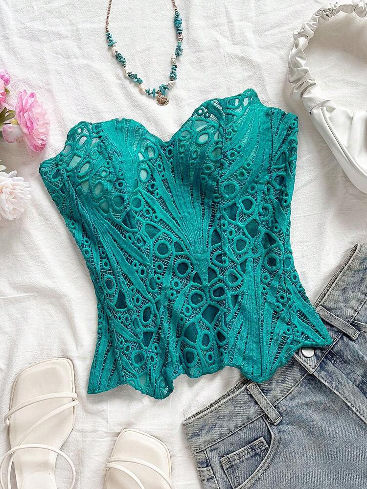 Soleia European And American Style Young Vacation Sexy Avant-Garde Lace Double-Layered Herringbone Court Corset Strapless Teal Blue Hollowed-Out Embroidered Shapewear | SHEIN