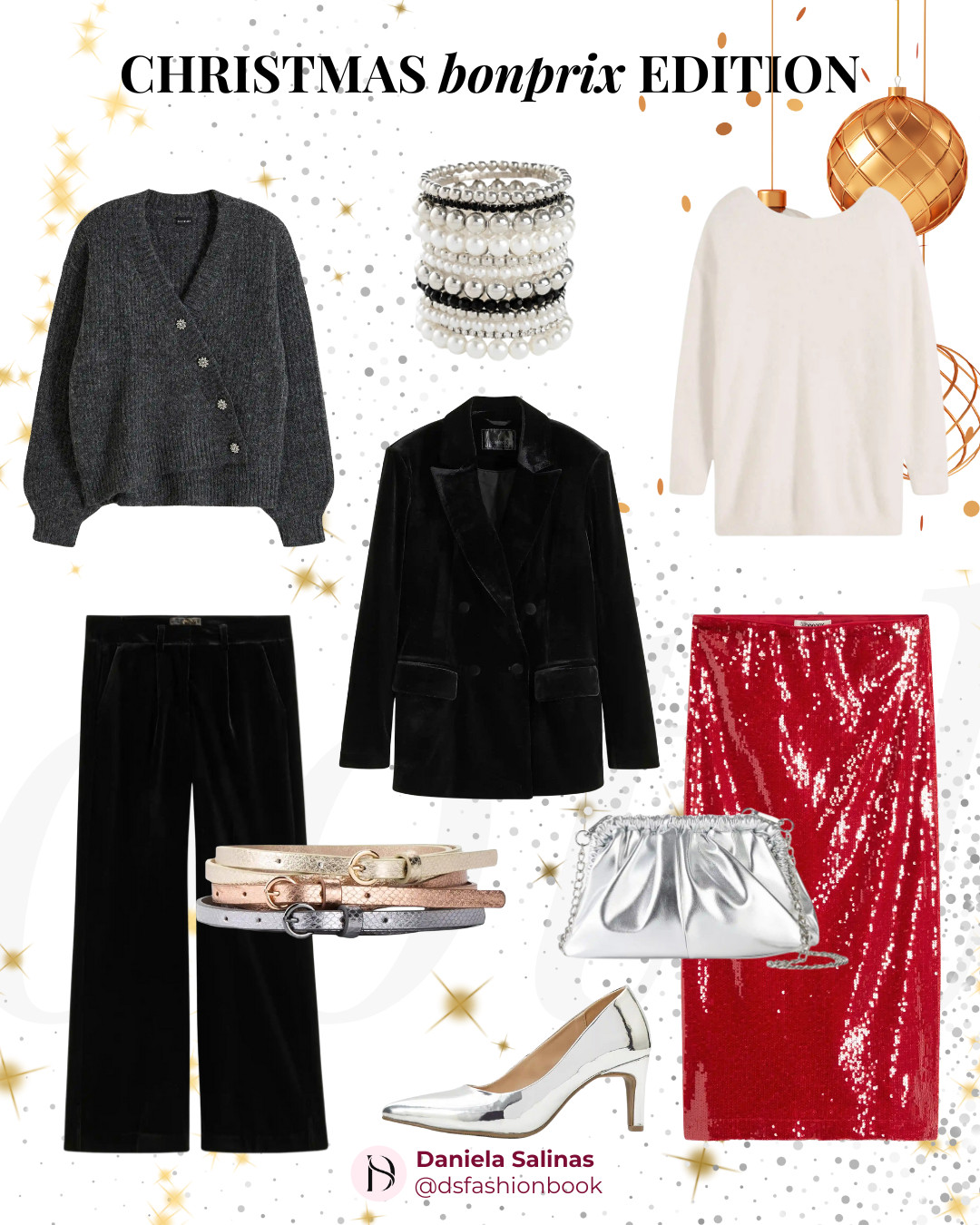 👉 Qual è il tuo look preferito?  

Ecco la mia mini capsule collection pensata per feste, cene ed eventi di dicembre creata con  @bonprix:  
1️⃣ Velluto total look + dettagli argento → cena elegante, party formale.  
2️⃣ Pantaloni in velluto + pullover bianco → evento di giorno, raffinato e versatile.  
3️⃣ Gonna paillettes + pullover bianco con fiocco → cena aziendale, romantica e brillante.  
4️⃣ Velluto + pullover incrociato con bottoni gioiello → serata tra amici, chic & comfy.  
5️⃣ Blazer in velluto + gonna paillettes → party glamour e scintillante.  

💡 Tutti i pezzi si mixano tra loro: la forza della capsule è la versatilità. 

#bonprix 

 #LTKitalia #LTKeurope #LTKfestive