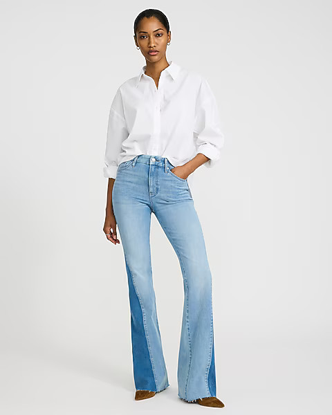 High Waisted Light Wash Two-tone Side Flexx '70s Flare Jeans | Express