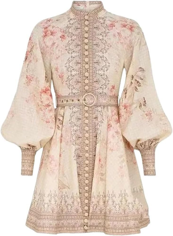 Women's Linen Floral Print Dress High Collar Lantern Sleeve A-Line Casual Summer Short Dresses | Amazon (US)