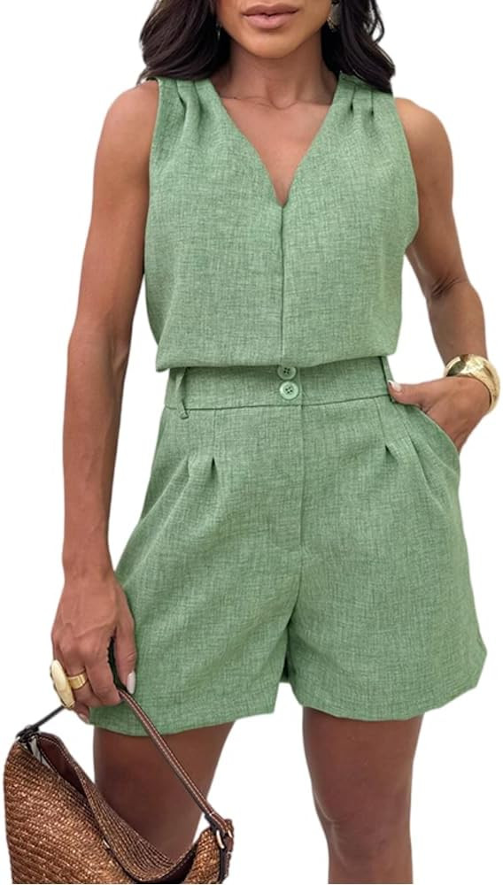 CHICME Women's Summer 2 Piece Outfits V-Neck Sleeveless Ruched Shoulder Top and High Waist Elasti... | Amazon (US)