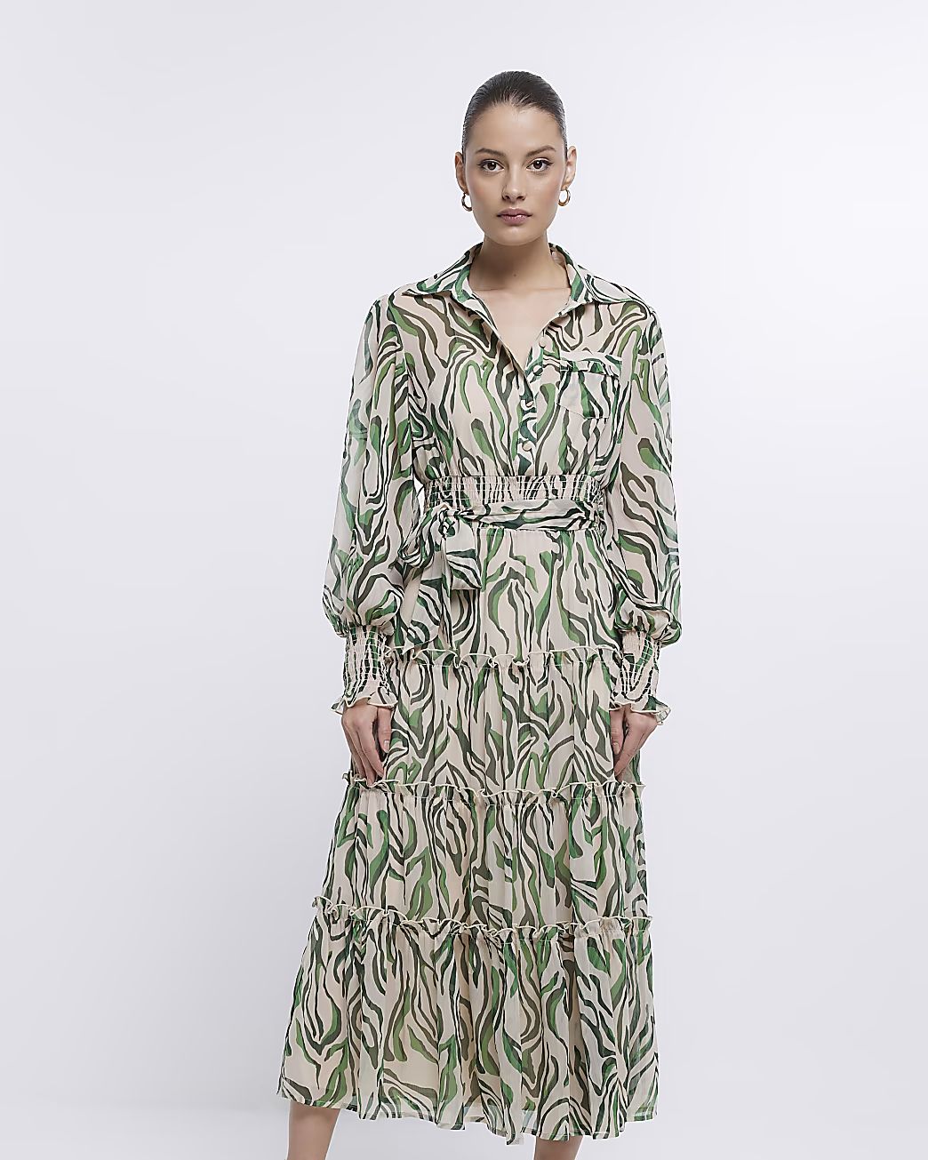 Green print long sleeve midi shirt dress | River Island (US)