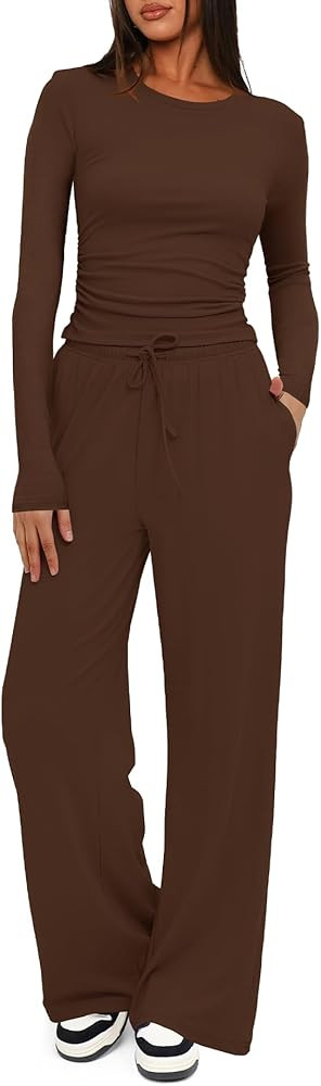 Darong Women's 2 Piece Outfits Lounge Sets 2026 Long Sleeve Tops Wide Leg Pants Casual Matching S... | Amazon (US)