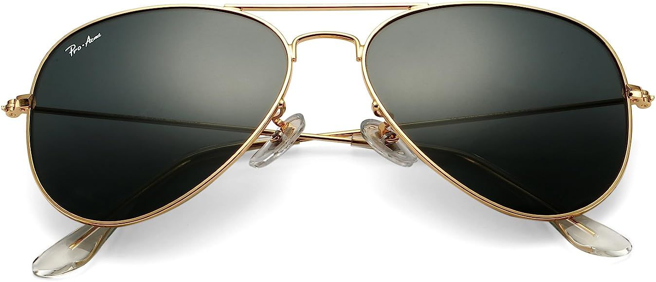 Classic Aviator Sunglasses for Men Women 100% Real Glass Lens | Amazon (US)
