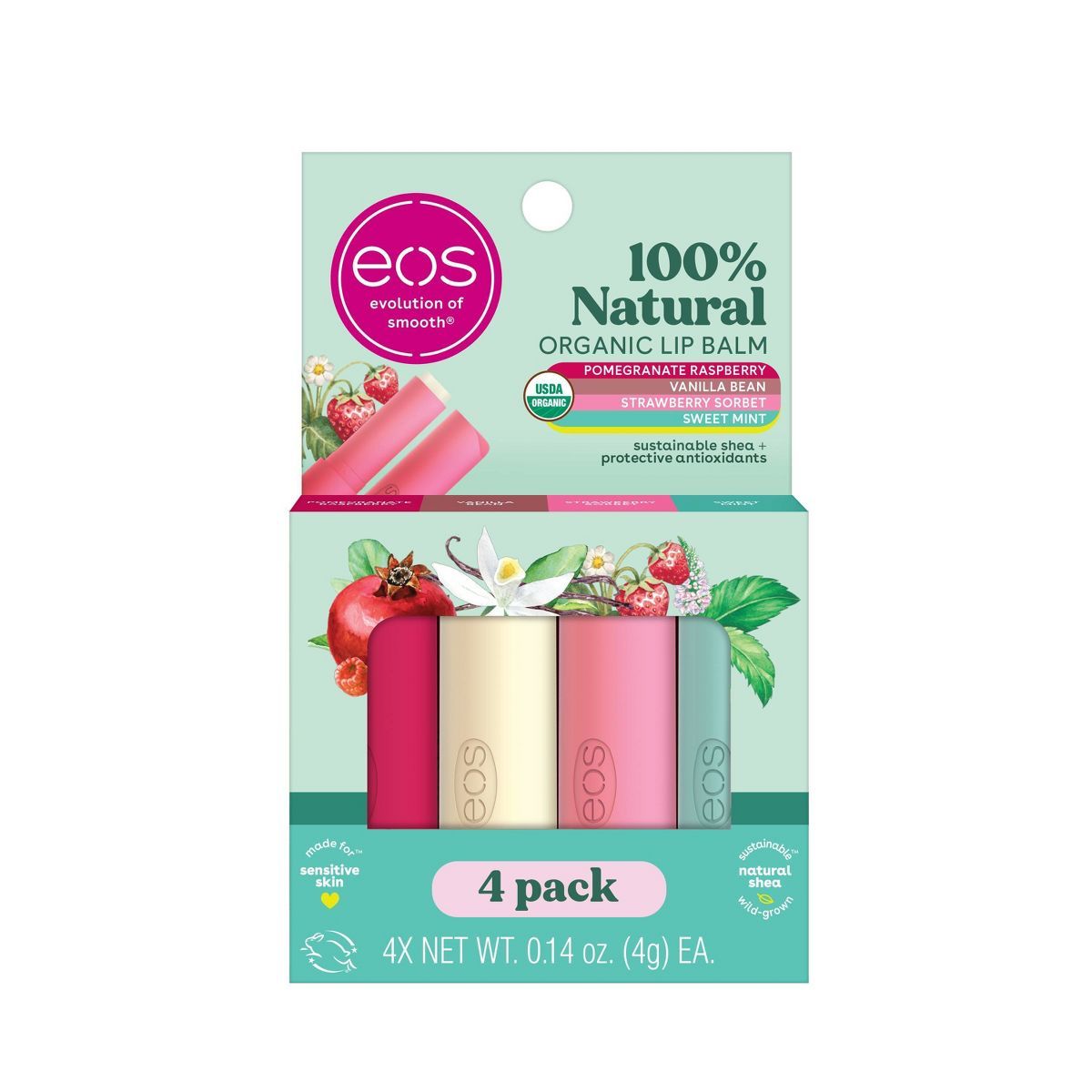 eos Natural & Organic Lip Balm Stick - Vanilla/Sweet Mint/Pomegranate Raspberry/Strawberry Sorbet... | Target