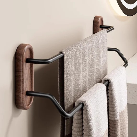 Walnut Wood Towel Rack | No-Drill Bathroom Organizer | Towel & Bath Sheet Hanger with Shelf | Bla... | Walmart (US)
