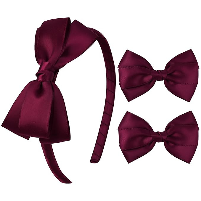 DEEKA Burgundy Bow Headband & 2 Pcs Satin 4 Inch Hair Bows Set Uniform Hair Accessories Hair Band... | Amazon (US)