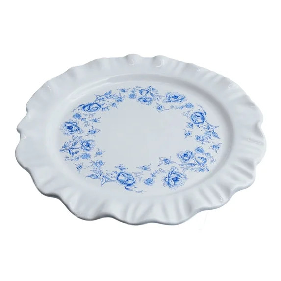 Floral Ruffled-Edged Stoneware Plates, Blue and White, 8.5", 4 Count, by My Texas House | Walmart (US)