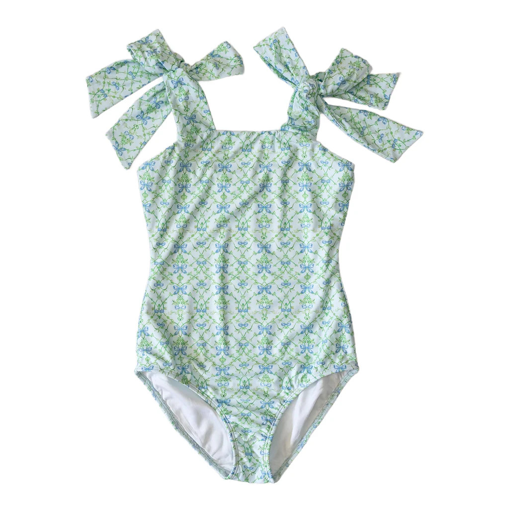 Tie Top Girls Swimsuit - Blue Bow Trellis (Pre-order) | Eyelet & Ivy
