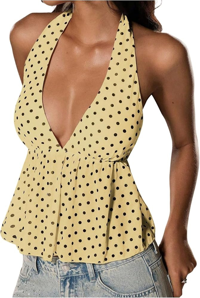 Milumia Women's Y2K Polka Dots Tie Backless Halter Top V Neck Ruffle Hem Peplum Going Out Crop Ta... | Amazon (CA)