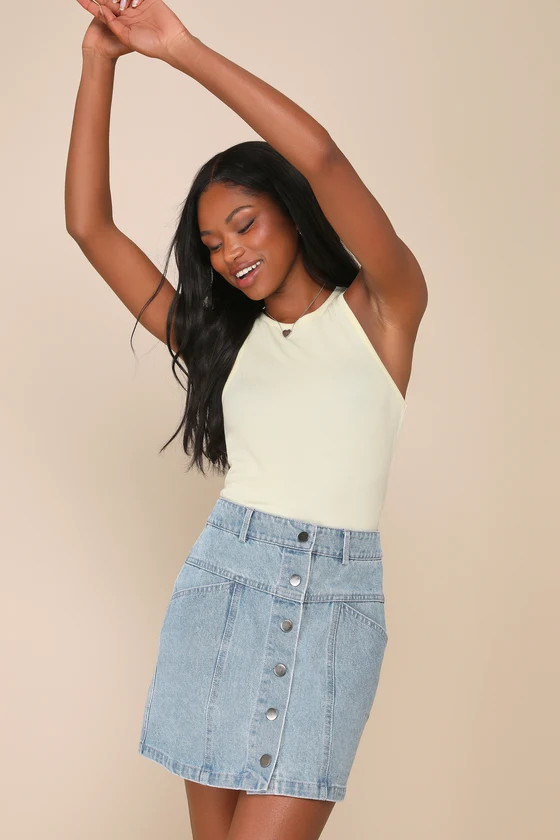 Real Babe Medium Wash High-Waisted Button-Up Denim Mini Skirt | Lulus