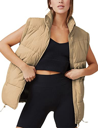 Springrain Womens Oversized Quilted Puffer Vest Padded Warm Winter Jacket with Stand Collar Bubble Puffer Gilet(Khaki-XXL) | Amazon (US)