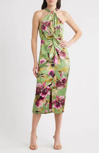Eliza J Floral Twist Neck Midi Dress in Fern at Nordstrom Rack, Size 6 | Nordstrom Rack