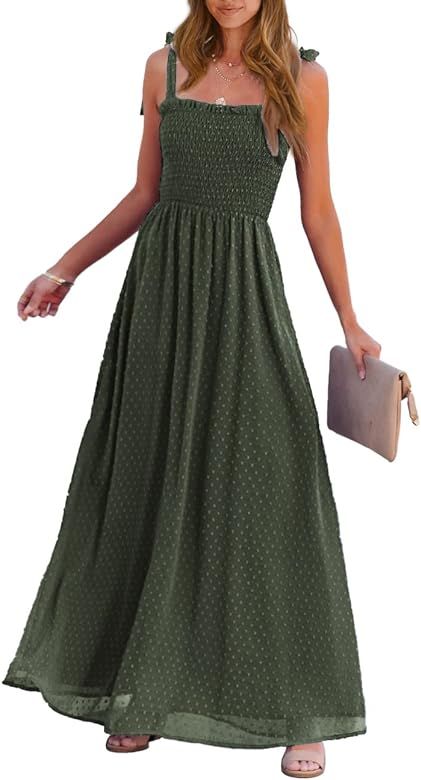PRETTYGARDEN Women's Casual Summer Boho Maxi Dresses Spaghetti Straps Square Neck Solid Smocked S... | Amazon (US)