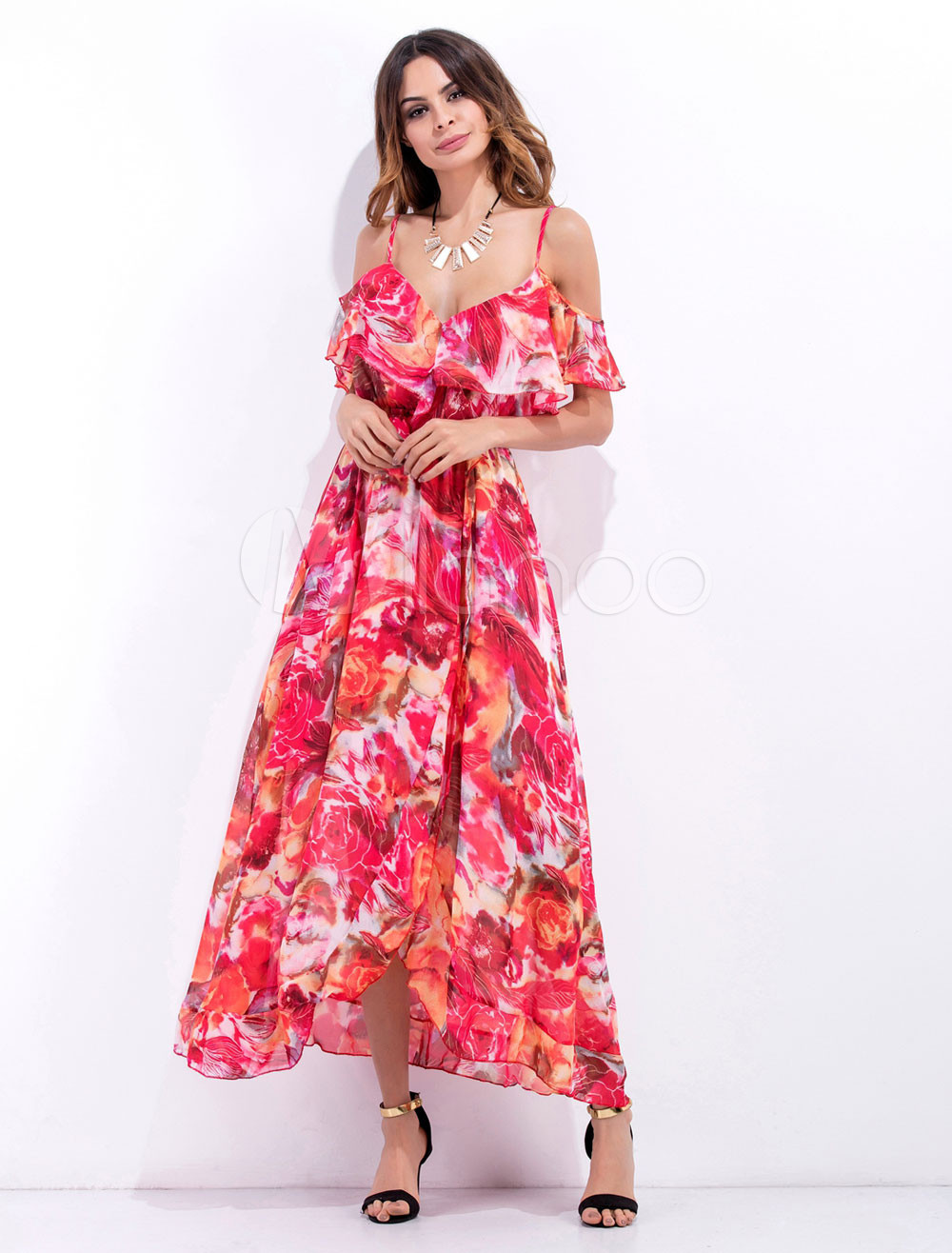 Red Maxi Dress Chiffon Spaghetti Straps Ruffle Floral Printed Long Dress For Women | Milanoo