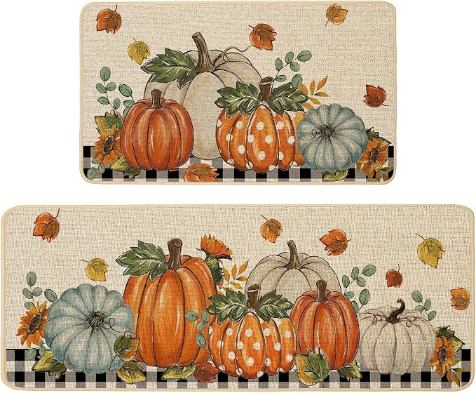 Fall Kitchen Rugs Set of 2, Buffalo Plaid Pumpkin Kitchen Mats for Floor Washable Low-Profile Far... | Amazon (US)