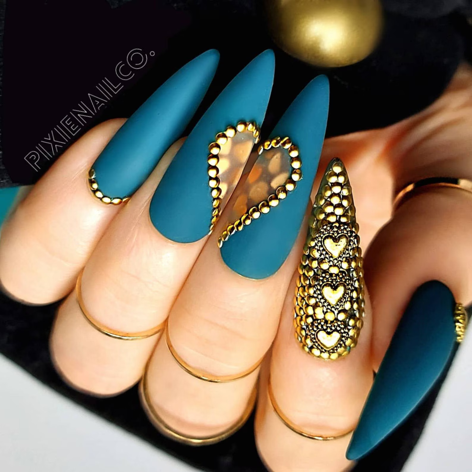 Valentine's Day Nails Matte Teal and Gold Press on Nails - Etsy | Etsy (US)