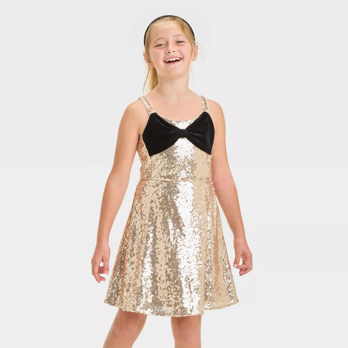 Girls' Sleeveless Sequin Skater Velvet Bow Dress - Cat & Jack™ Gold | Target