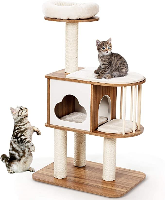 Tangkula Modern Wood Cat Tree, 46 Inches Cat Tower with Platform, Cat Activity Center with Scratc... | Amazon (US)