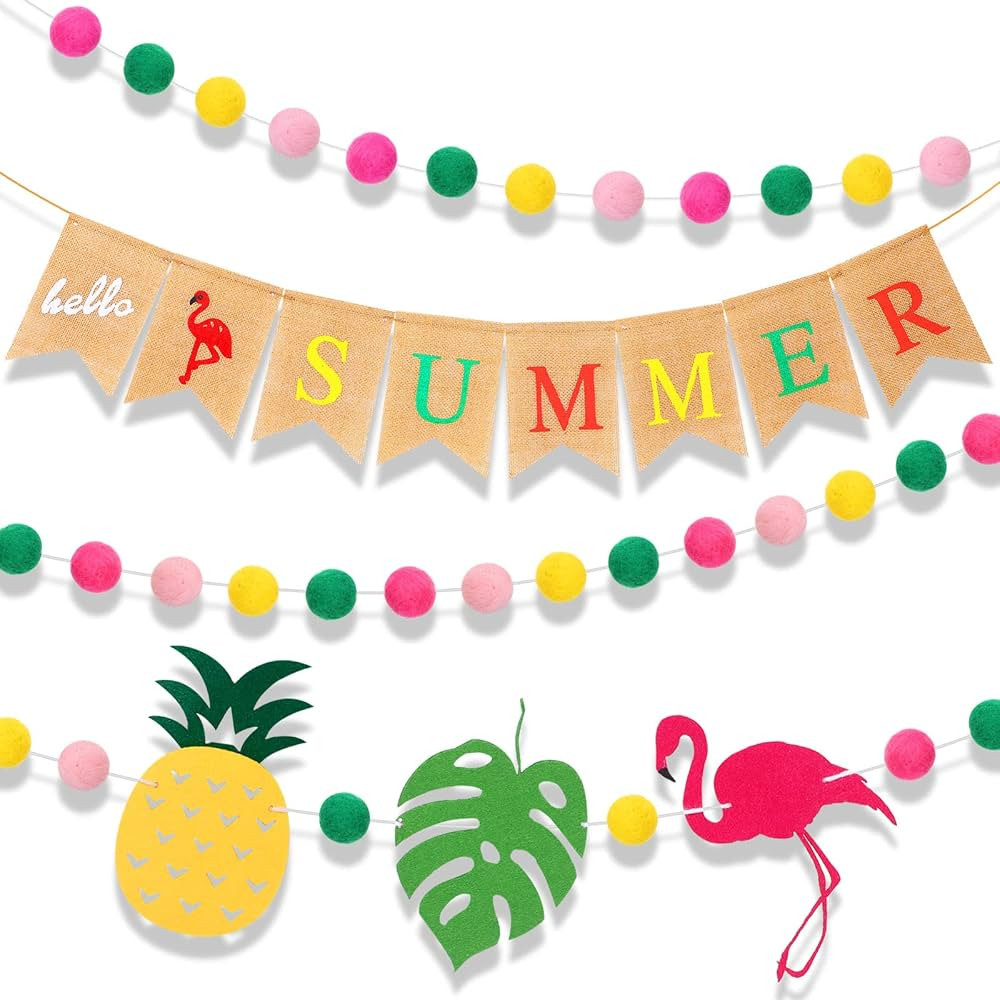 Hello Summer Flamingo Burlap Banner and 3 Pieces Pom Pom Felt Ball Garland Tropical Flamingo Pine... | Amazon (US)