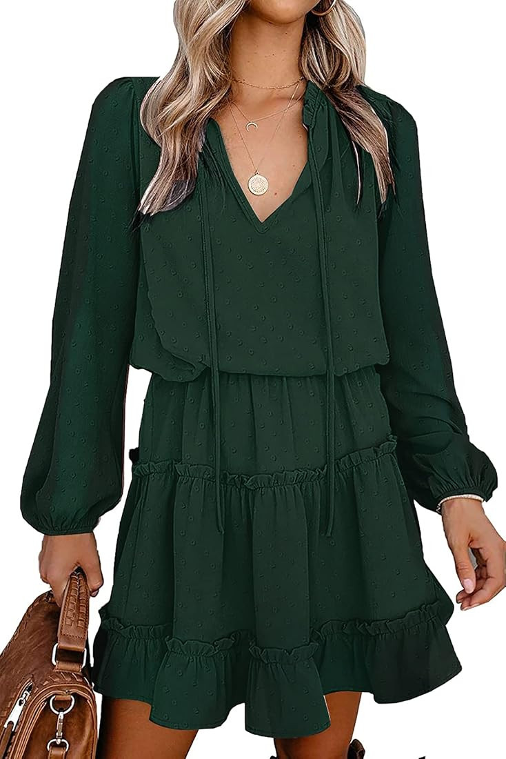 BTFBM Women Casual Fall Dresses V Neck Tie Neck Long Sleeve High Waist Dot Ruffle Tiered A Line S... | Amazon (US)